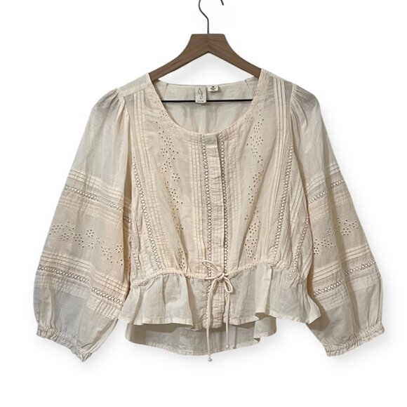 Joie Ivory Broderie Anglaise Cotton Peplum Blouse Top Size M Crochet Lace Snap - Picture 1 of 8